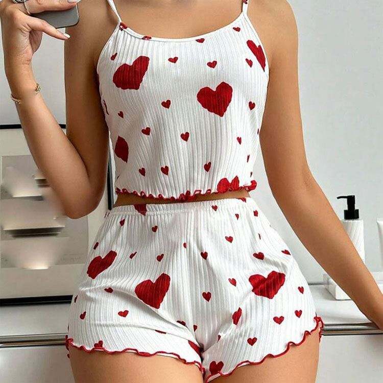 Women's Pajama Set Sleepwear 2 Pcs Short Vest Shorts Soft Casual Love Heart Printing