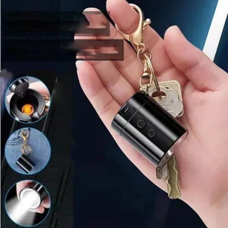 3 in 1 Portable Mini Rechargeable flashlight with lighter key Ring hover